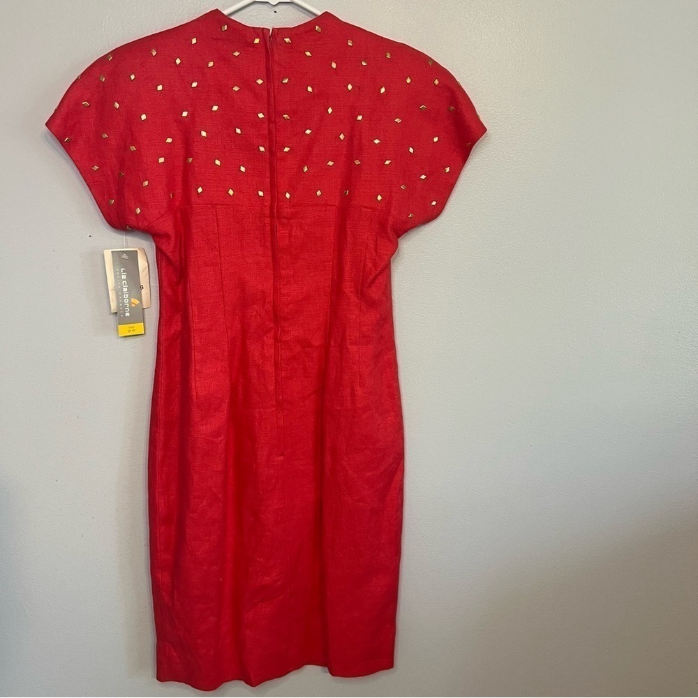 NEW Liz Claiborne 100% Linen Shift Dress Gold Studs Square Neck Petite Sz 2 Red - Picture 10 of 15